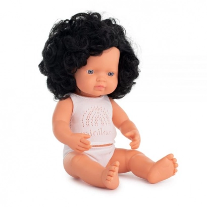 Lalka Miniland 38 cm, Europejka czarne kręcone włosy